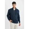 X7405 Comfort Regular Fit Rahat Kalıp Dik Yaka Fermuarlı Kalın Basic Düz Sweatshirt