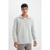 X7405 Comfort Regular Fit Rahat Kalıp Dik Yaka Fermuarlı Kalın Basic Düz Sweatshirt