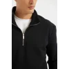 X7405 Siyah Comfort Regular Fit Rahat Kalıp Dik Yaka Fermuarlı Kalın Basic Düz Sweatshirt