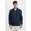X7405 Comfort Regular Fit Rahat Kalıp Dik Yaka Fermuarlı Kalın Basic Düz Sweatshirt