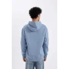 X8283 Mavi Cepli Regular Fit Kapüşonlu İçi Yumuşak Tüylü Basic Düz Sweatshirt