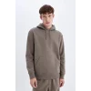 X8283 Kahverengi Cepli Regular Fit Kapüşonlu İçi Yumuşak Tüylü Basic Düz Sweatshirt