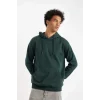 X8283 Yeşil Cepli Regular Fit Kapüşonlu İçi Yumuşak Tüylü Basic Düz Sweatshirt