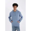 X8283 Mavi Cepli Regular Fit Kapüşonlu İçi Yumuşak Tüylü Basic Düz Sweatshirt