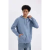 X8283 Mavi Cepli Regular Fit Kapüşonlu İçi Yumuşak Tüylü Basic Düz Sweatshirt