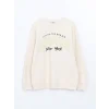 XSIDE Bej Bisiklet Yaka Baskılı Oversize Kadın Kalın Sweatshirt