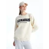 XSIDE Bej Bisiklet Yaka Nakışlı Oversize Kadın Kalın Sweatshirt