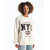 XSIDE Bej Bisiklet Yaka Nakışlı Oversize Kadın Sweatshirt