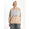 XSIDE Kahverengi Bisiklet Yaka Baskılı Oversize Kadın Kalın Sweatshirt