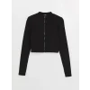 XSIDE Siyah Dik Yaka Düz Uzun Kollu Crop Kadın Hırka