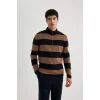 Y1577 Slim Fit Dar Kesim Çizgili Dik Yaka Fermuarlı Triko Kazak