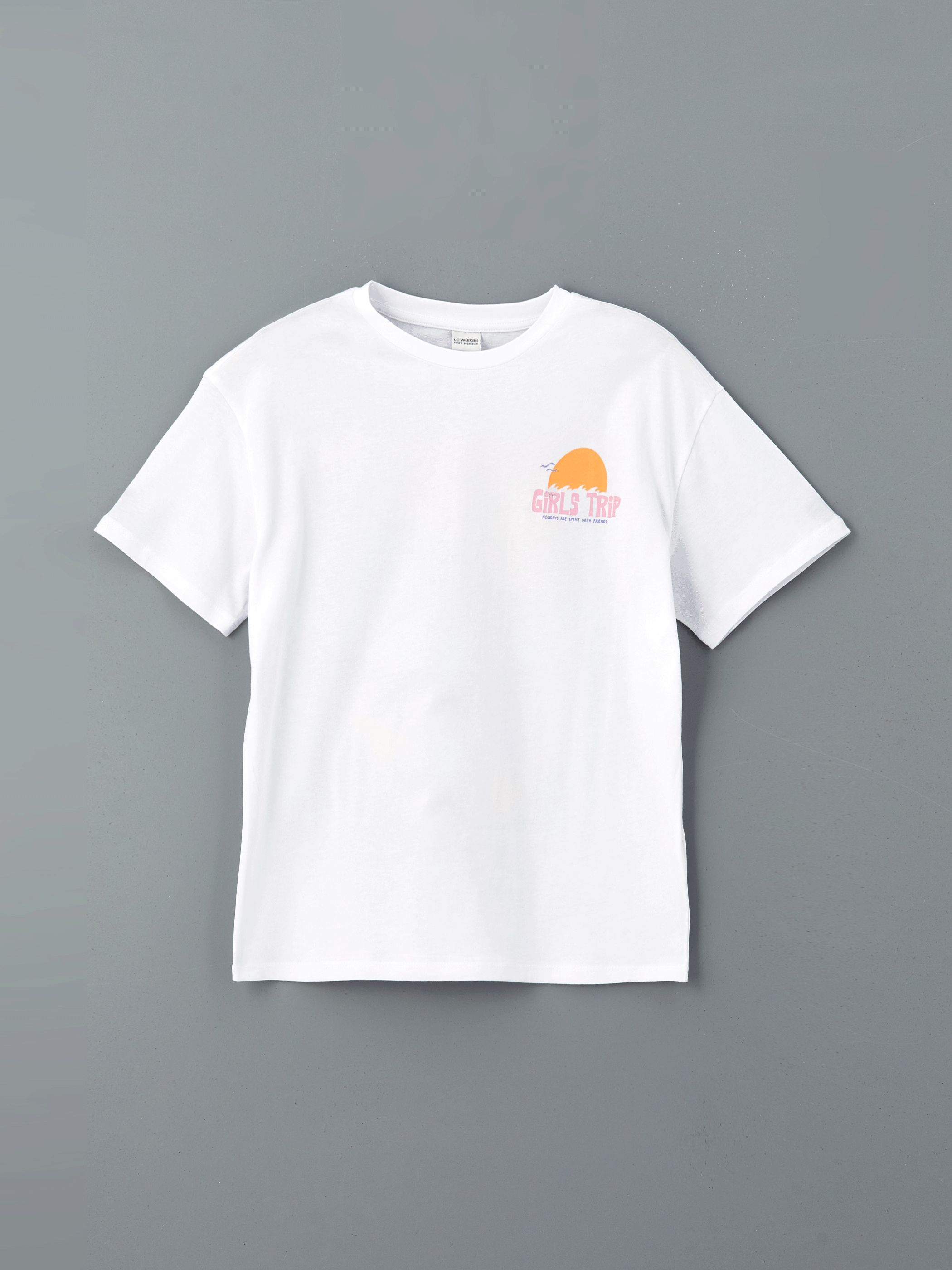 LCW Kids Beyaz Bisiklet Yaka Baskılı Kız Çocuk Tişört