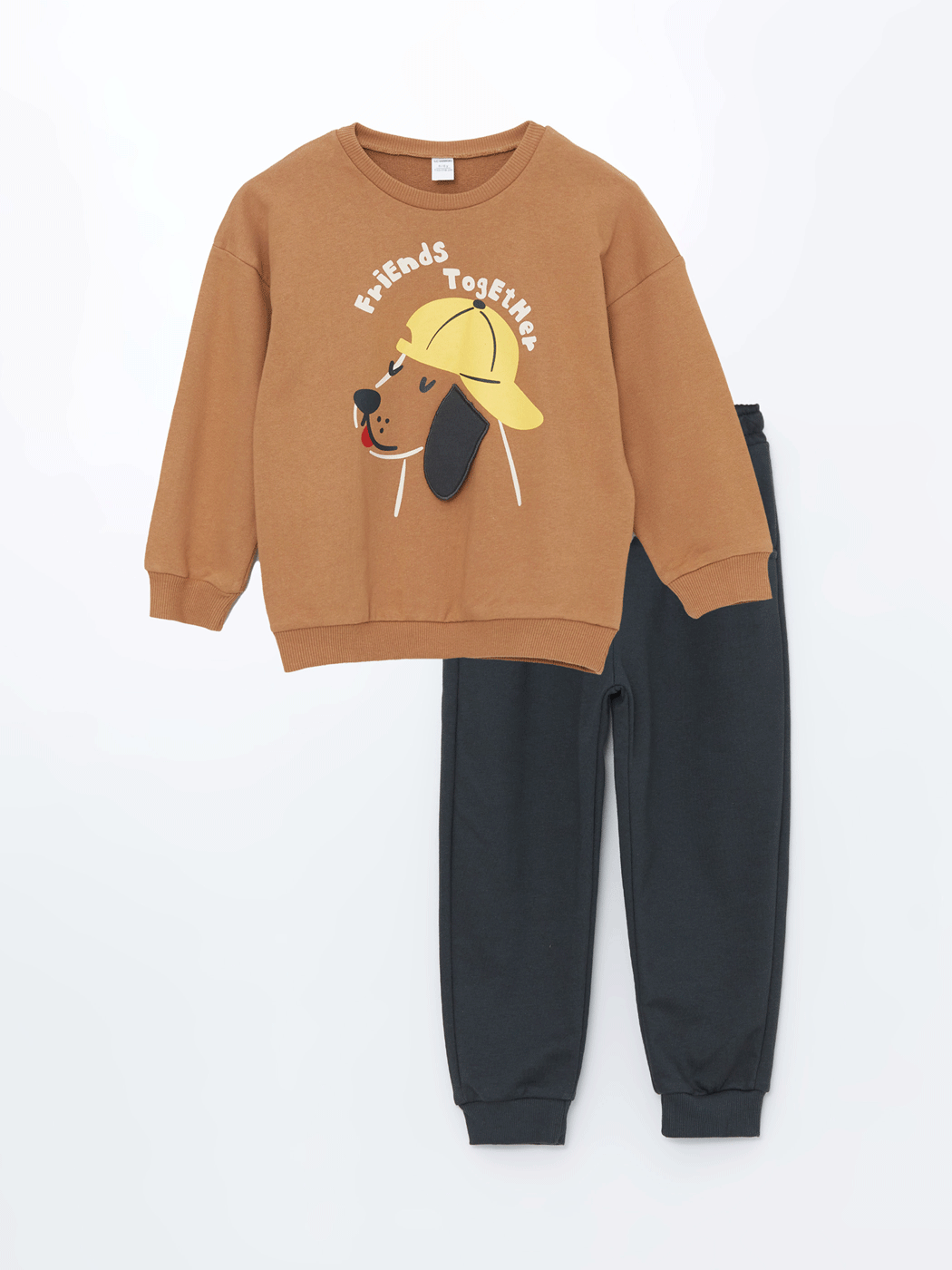 LCW Kids Kahverengi Bisiklet Yaka Uzun Kollu Baskılı Erkek Bebek Sweatshirt ve Eşofman Alt 2li Takım