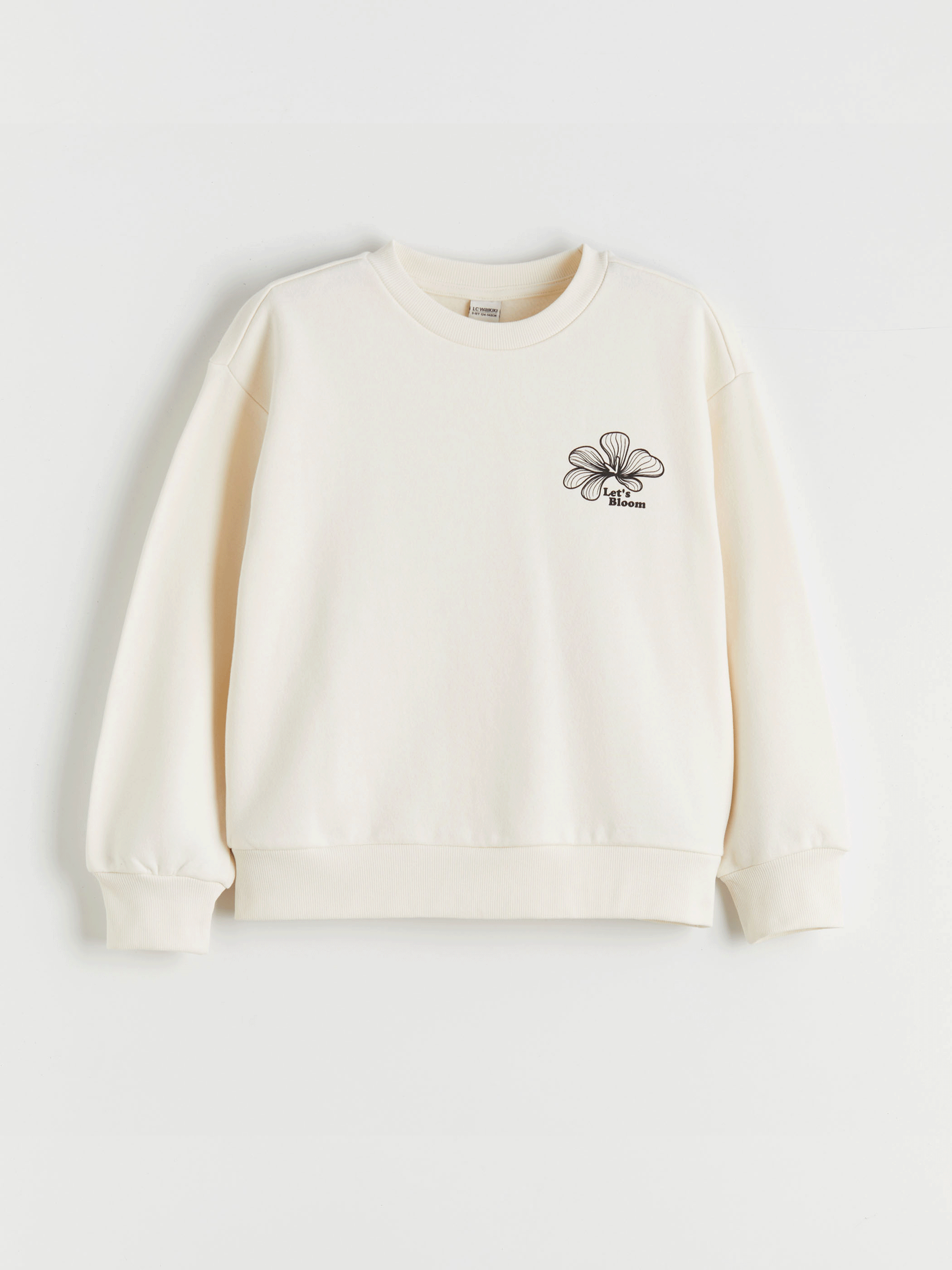 LCW Kids Ekru Bisiklet Yaka Çiçekli Kız Çocuk Sweatshirt