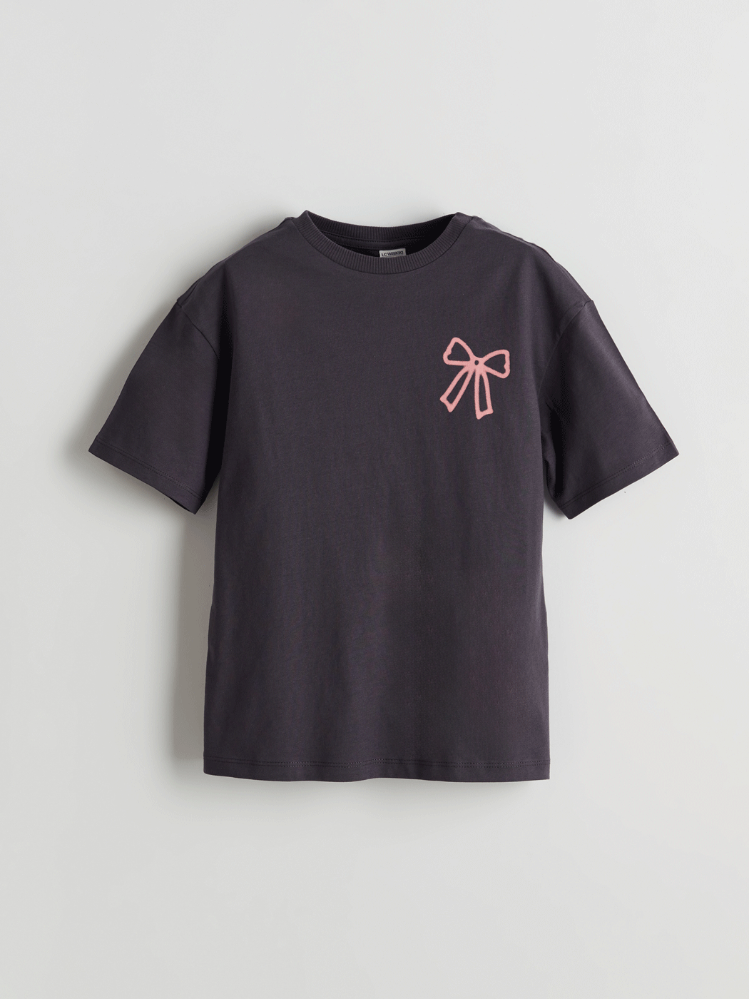 LCW Kids Antrasit Bisiklet Yaka Fiyonk Baskılı Kız Çocuk Tişört