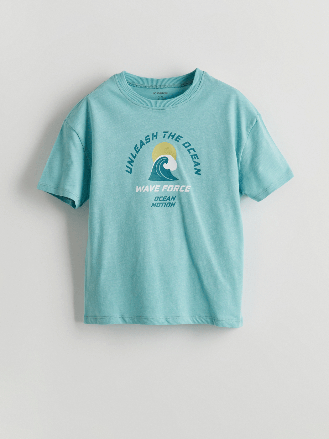 LCW Kids Turkuaz Bisiklet Yaka Baskılı Erkek Çocuk Tişört