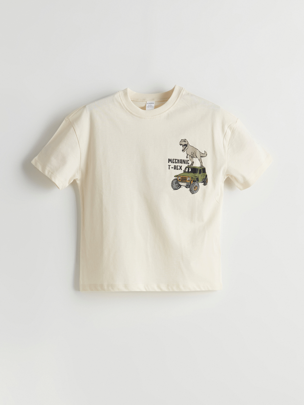 LCW Kids Bej Bisiklet Yaka Dinozor Baskılı Erkek Çocuk Tişört
