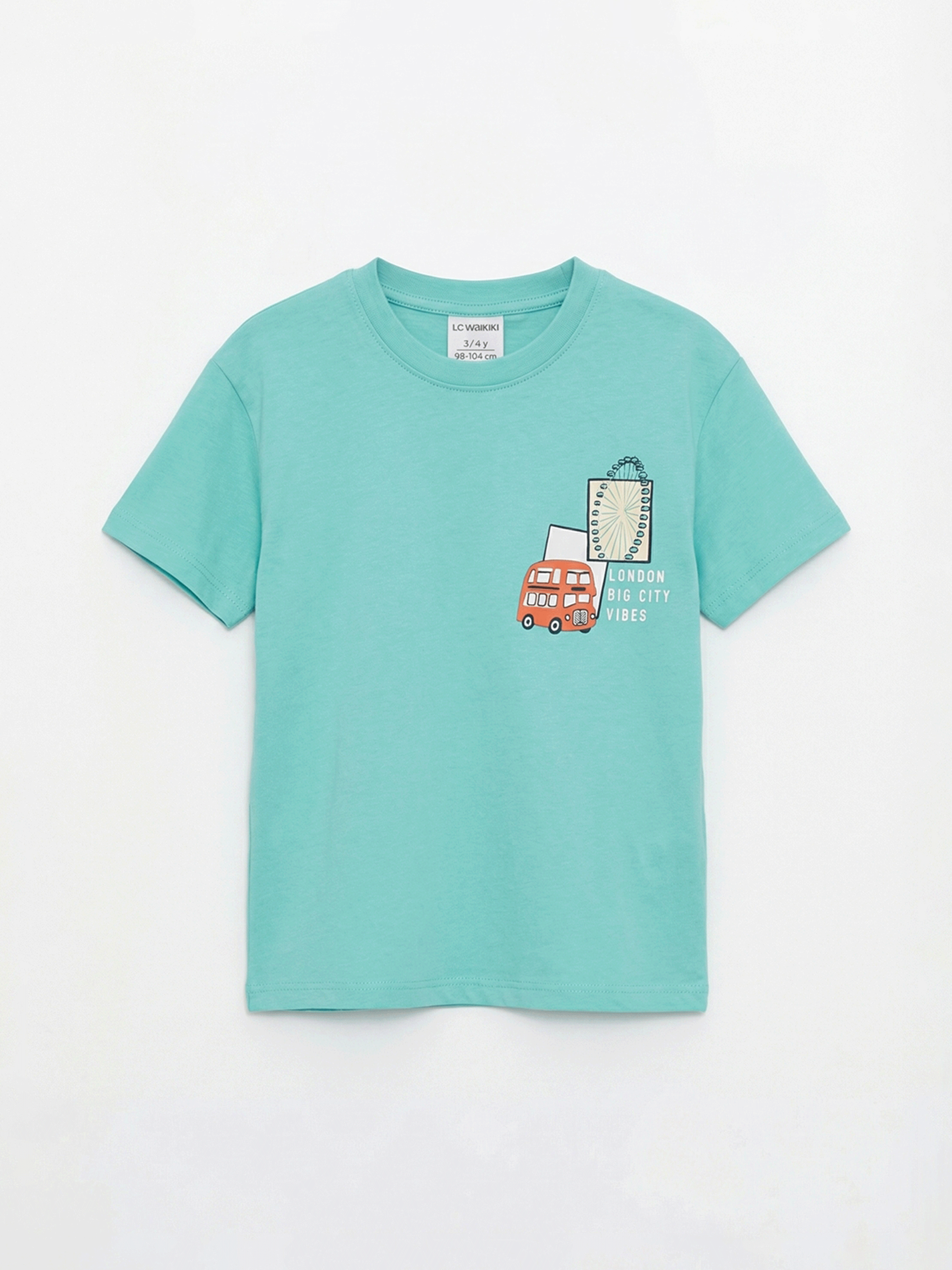 LCW Kids Turkuaz London Baskılı Erkek Çocuk Penye Tişört