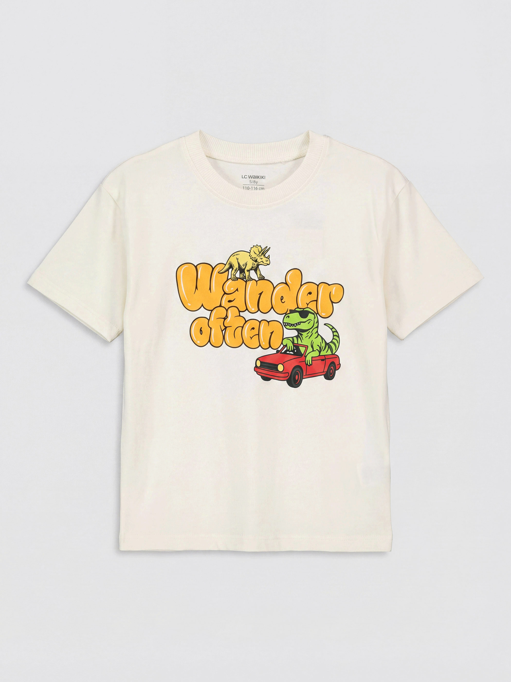 LCW Kids Bej Bisiklet Yaka Baskılı Erkek Çocuk Tişört