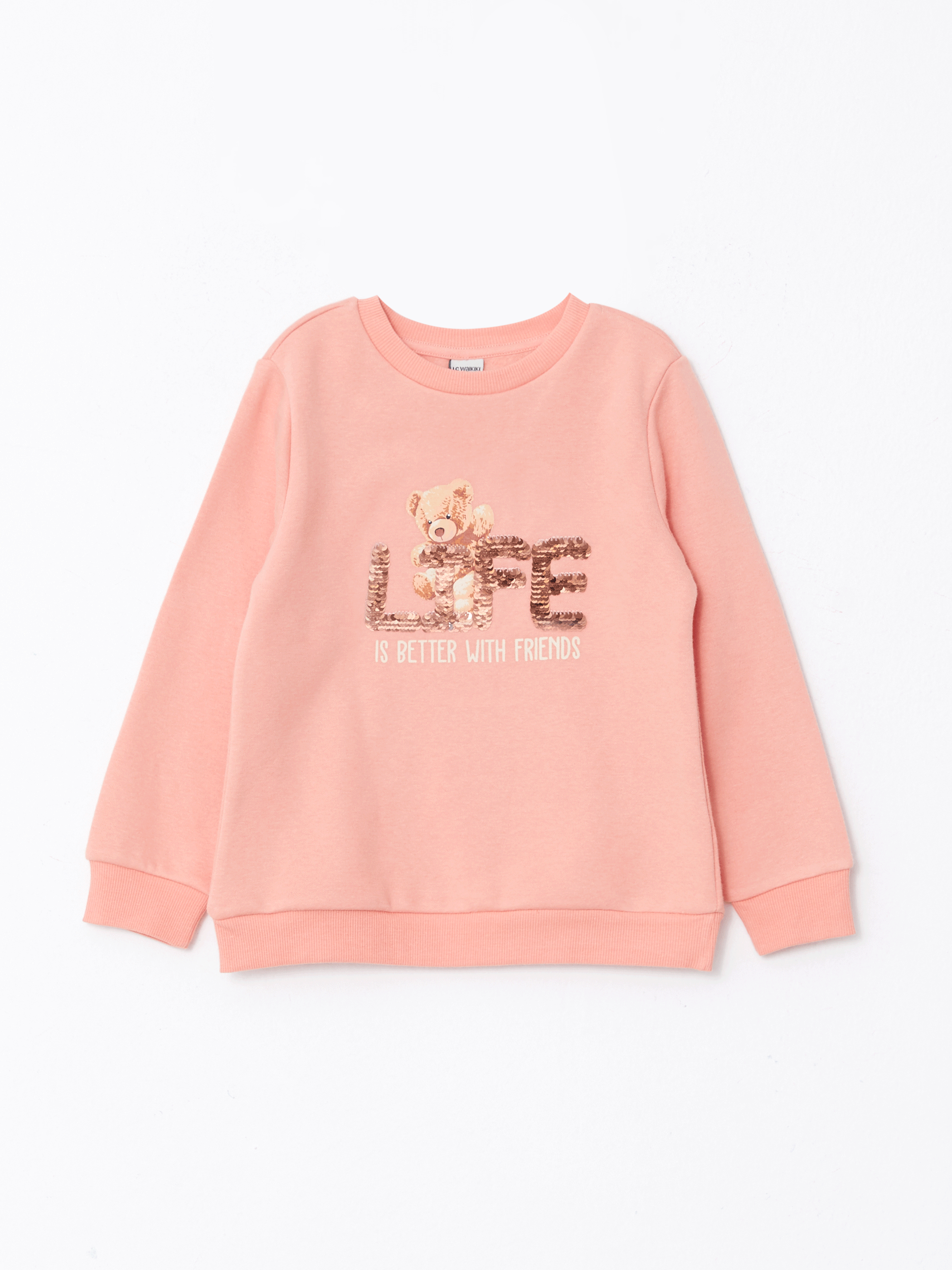 LCW Kids Mercan Bisiklet Yaka Baskılı Çift Yönlü Payetli Uzun Kollu Kız Çocuk Sweatshirt