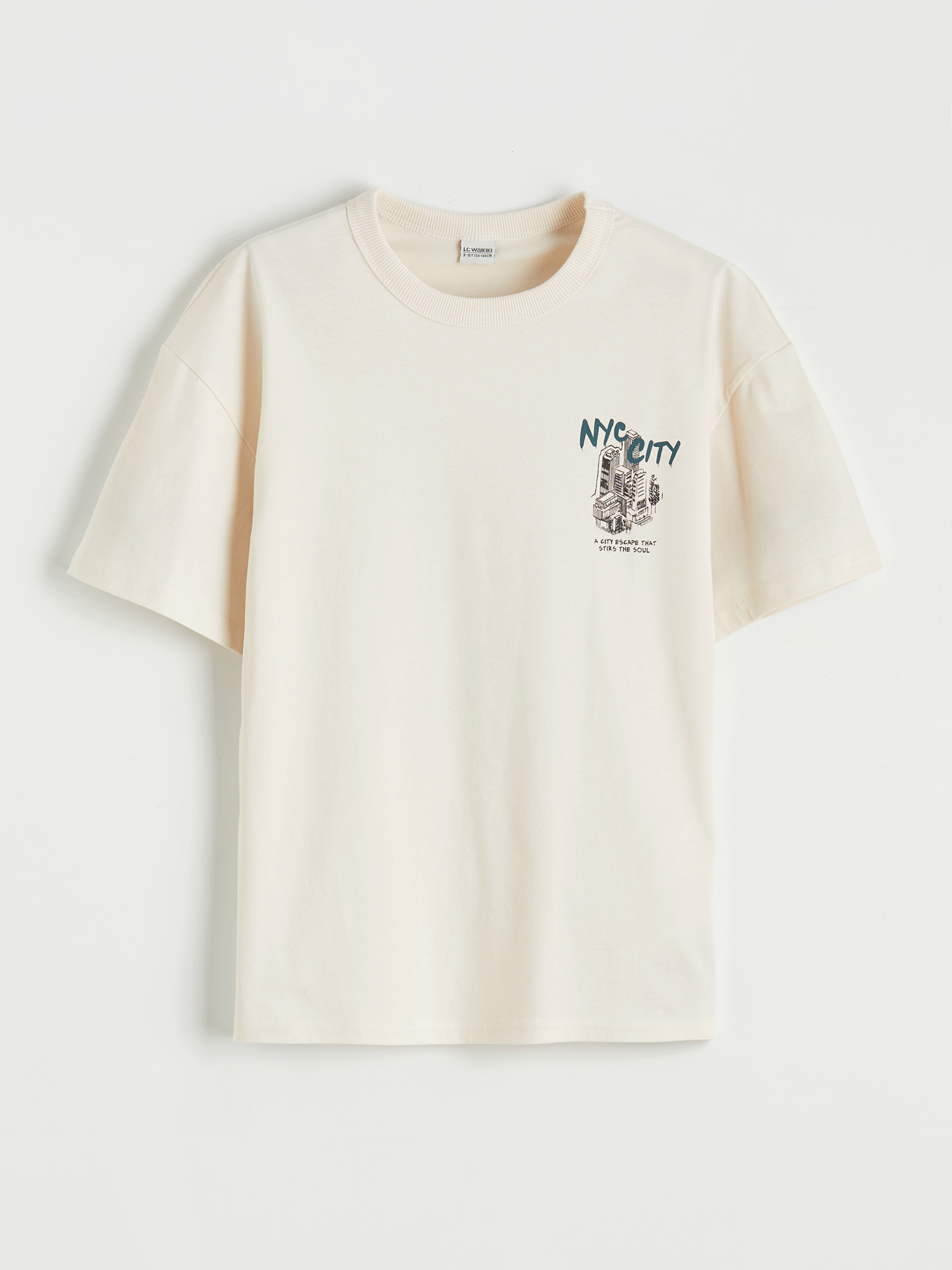 LCW Kids Bej Erkek Çocuk Bisiklet Yaka Baskılı Tişört