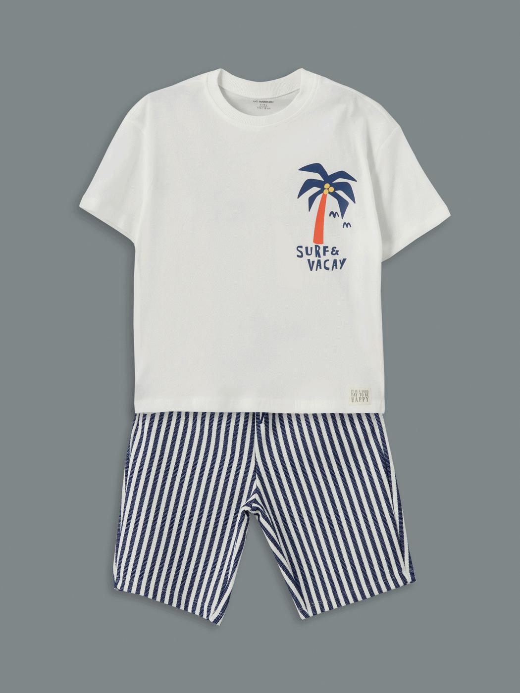 LCW Kids EKRU Bisiklet Yaka Baskılı Erkek Çocuk Tişört ve Şort 2li