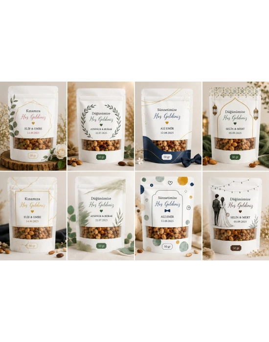 50 Gr Özel Baskılı Doypack Kuruyemiş Paketi | Düğün, Kına, Sünnet, Nişan ve Organizasyon Hediyeliği