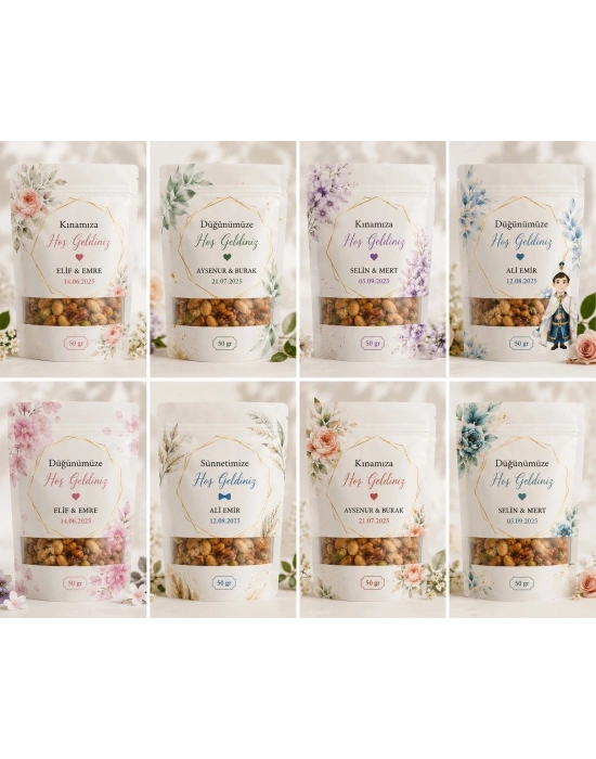 50 Gr Özel Baskılı Doypack Kuruyemiş Paketi | Düğün, Kına, Sünnet, Nişan ve Organizasyon Hediyeliği