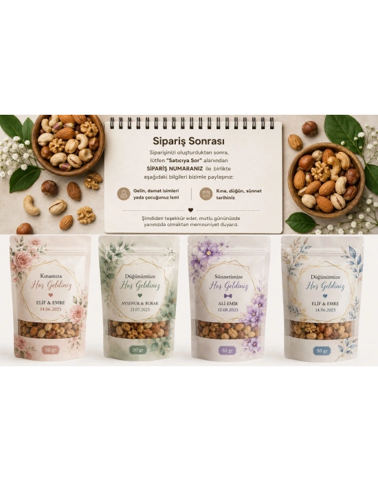 50 Gr Özel Baskılı Doypack Kuruyemiş Paketi | Düğün, Kına, Sünnet, Nişan ve Organizasyon Hediyeliği