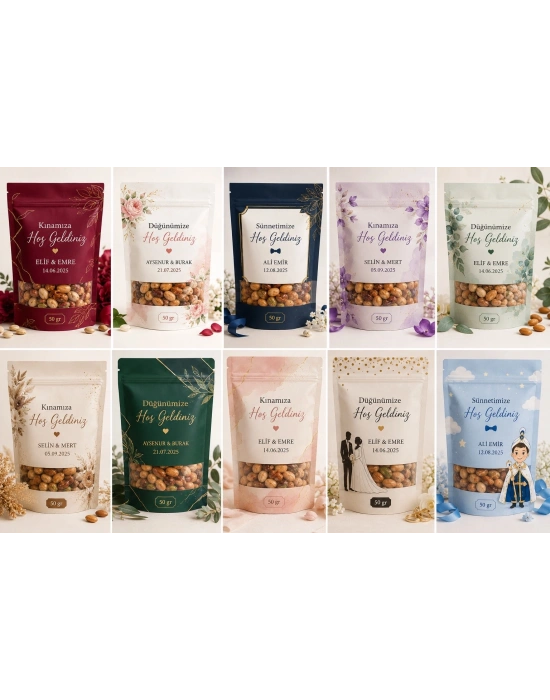 50 Gr Özel Baskılı Doypack Kuruyemiş Paketi | Düğün, Kına, Sünnet, Nişan ve Organizasyon Hediyeliği