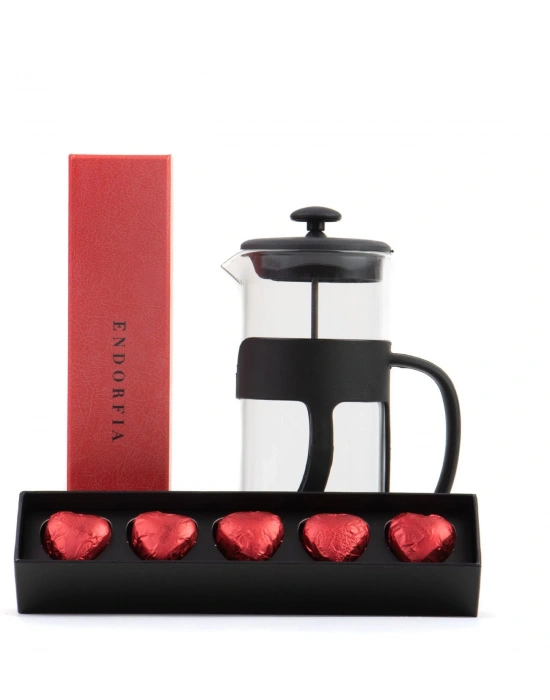 500 Ml French press ve  Single Slim Fıstıklı Kalp Çikolata Kırmızı