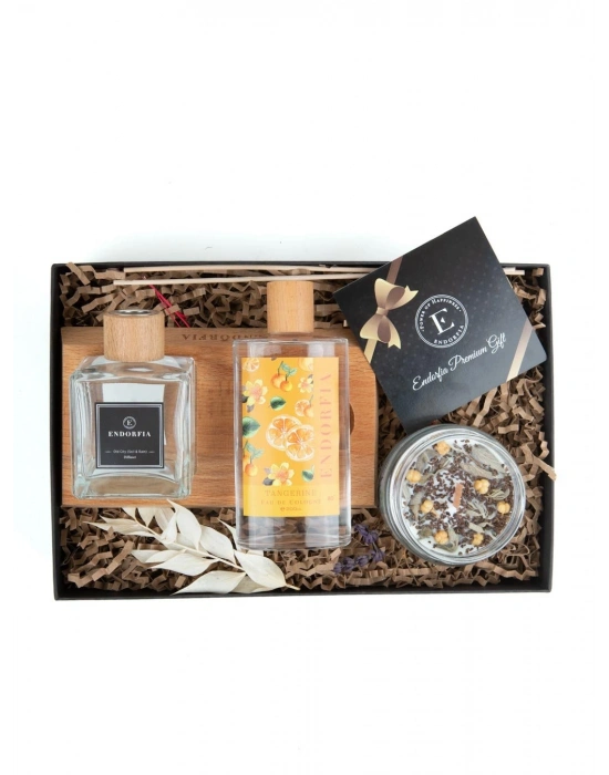 Ahşap Kaide Oda Kokusu Seti - Aromaterapi Adaçayı Arınma Mumu - Mandalina Kolonya 200 Ml