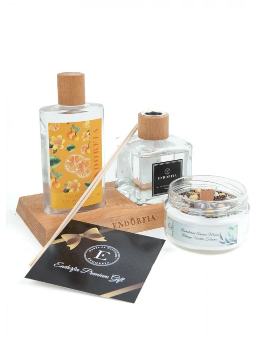 Ahşap Kaide Oda Kokusu Seti - Aromaterapi Adaçayı Arınma Mumu - Mandalina Kolonya 200 Ml