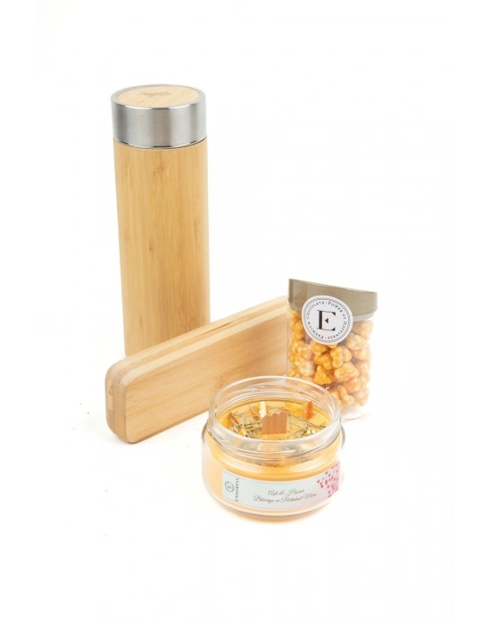 Bambu Termos Kalem Seti - Portakal Draje 100 Gr - Aşk & Huzur Biberiye ve Portakal Mumu