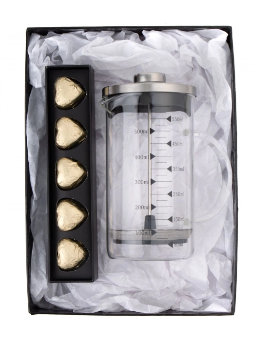 Borosilikat 600 Ml French Press ve  Single Slim Fıstıklı Kalp Çikolata Gold