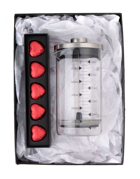 Borosilikat 600 Ml French Press ve  Single Slim Fıstıklı Kalp Çikolata Kırmızı