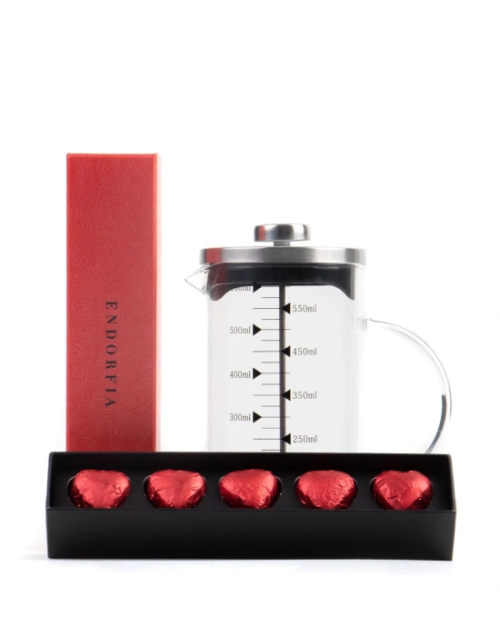 Borosilikat 600 Ml French Press ve  Single Slim Fıstıklı Kalp Çikolata Kırmızı
