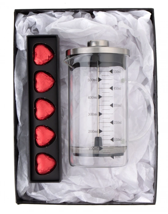 Borosilikat 600 Ml French Press ve  Single Slim Fıstıklı Kalp Çikolata Siyah