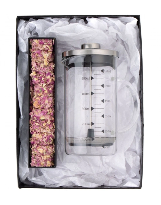 Borosilikat 600 Ml French press ve Single Slim Gül Yapraklı Lokum Gold