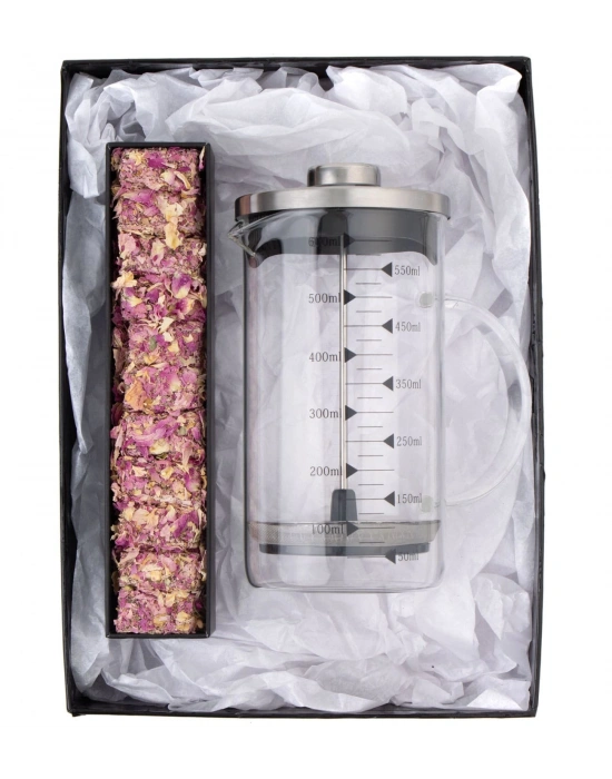 Borosilikat 600 Ml French Press ve Single slim Gül Yapraklı Lokum Kırmızı
