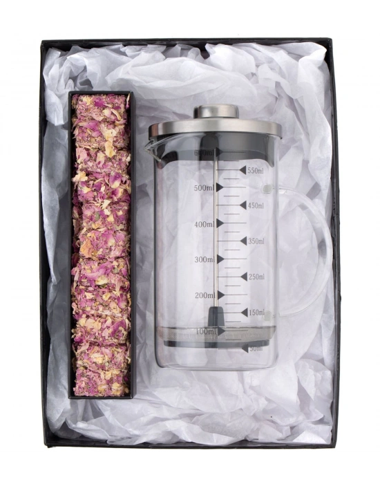 Borosilikat 600 Ml French press ve Single Slim Gül Yapraklı Lokum Siyah