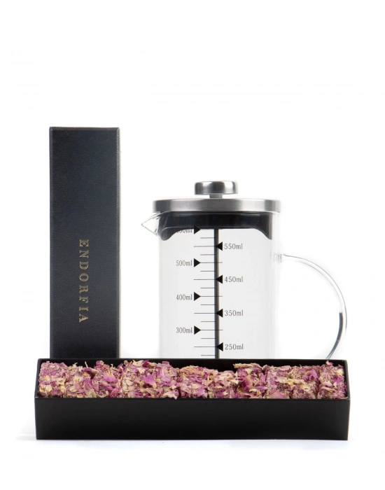 Borosilikat 600 Ml French press ve Single Slim Gül Yapraklı Lokum Siyah