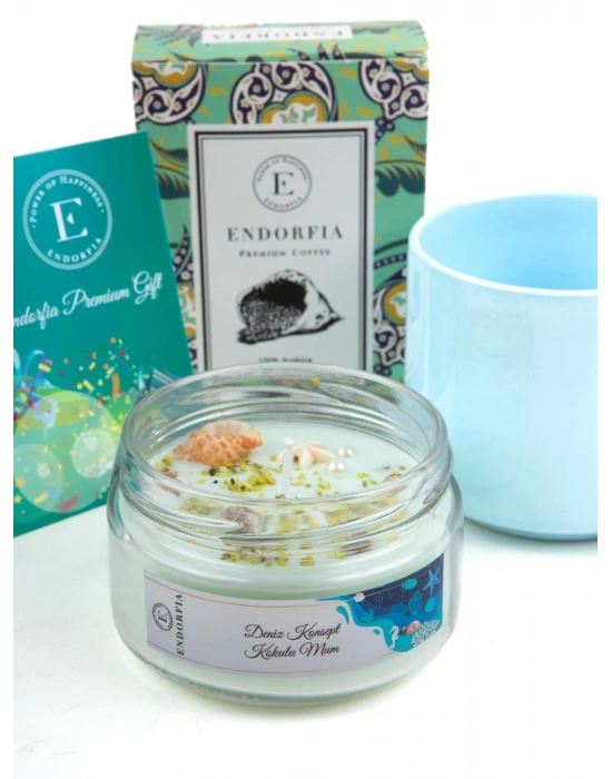Deniz Konsept Kokulu Mum - Seramik Kupa Mavi - Lale Desenli Filtre Kahve 100 Gr