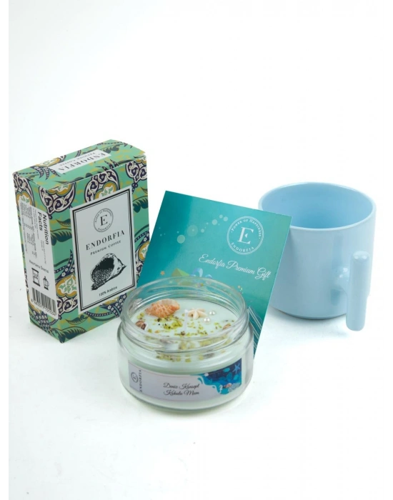 Deniz Konsept Kokulu Mum - Seramik Kupa Mavi - Lale Desenli Filtre Kahve 100 Gr