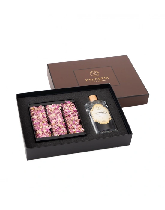 Double Premium Gül Yapraklı Güllü Lokum & Kolonya - Kahverengi