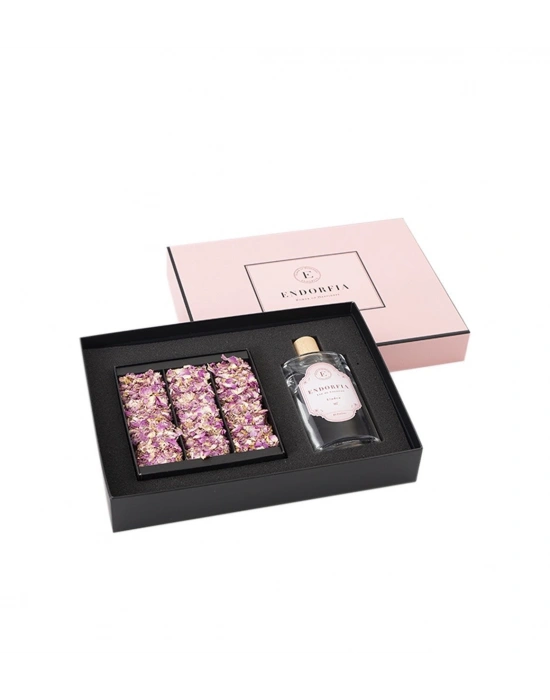 Double Premium Gül Yapraklı Güllü Lokum & Kolonya - Pembe