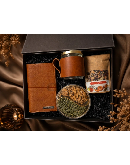 Endorfia Vintage Collection Premium Hediye Kutusu | Kış Çayı, Deri Kavanoz Kupa ve Doğal Atıştırmalık Seti