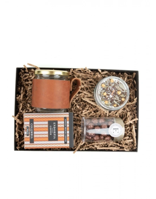 Gerçek Deri Kılıflı Kavanoz Kupa - Kahve Draje 110 Gr - Colombiya Dünya Kahvesi 100 Gr - Aromaterapi Arınma Mumu