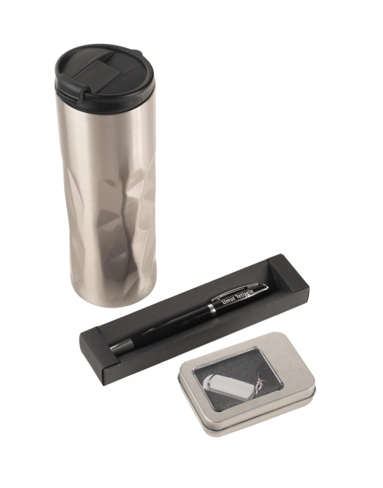 Kişiye Özel Bakla Desenli Çelik Termos- Metal Roller Kalem Siyah-Usb bellek 16 gb