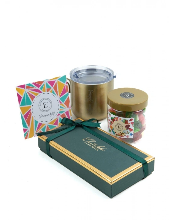 Kişiye Özel Çelik Matara Gold - Yılbaşı Kutusu Madlen Mix Çikolata- Yumuşak Şeker 150 Gr